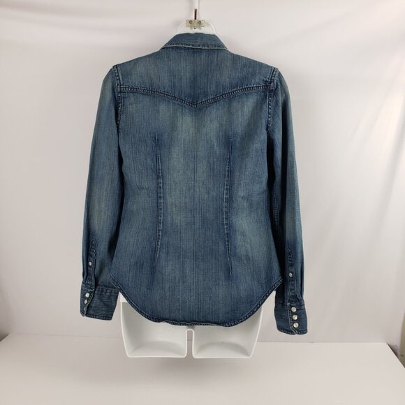 Eddie Bauer XSP Blue Denim Shirt Jacket Snaps Pockets Embroidery Womens Petite - Picture 2 of 16